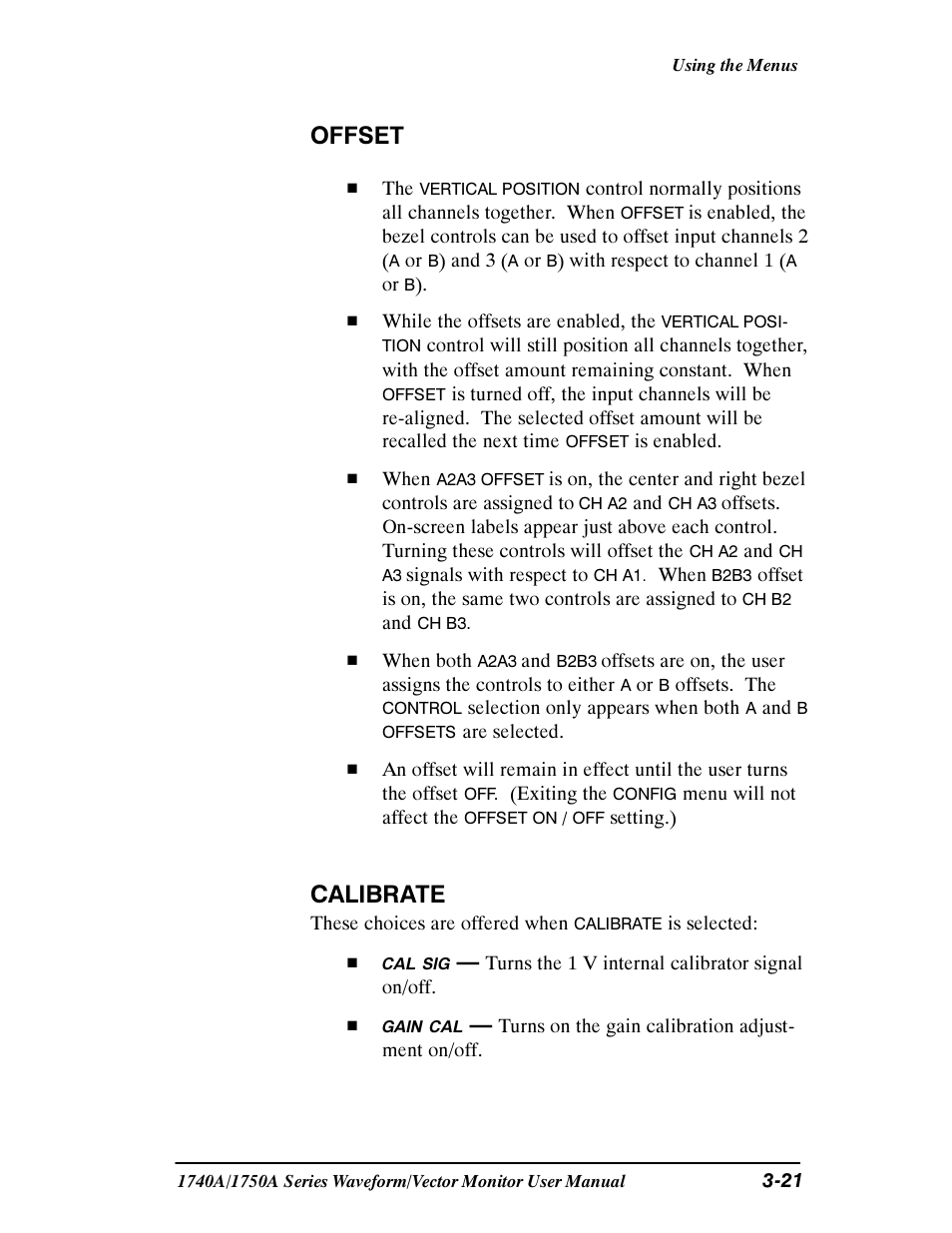 Offset, Calibrate | Tektronix 1740A/1750A User Manual | Page 76 / 143