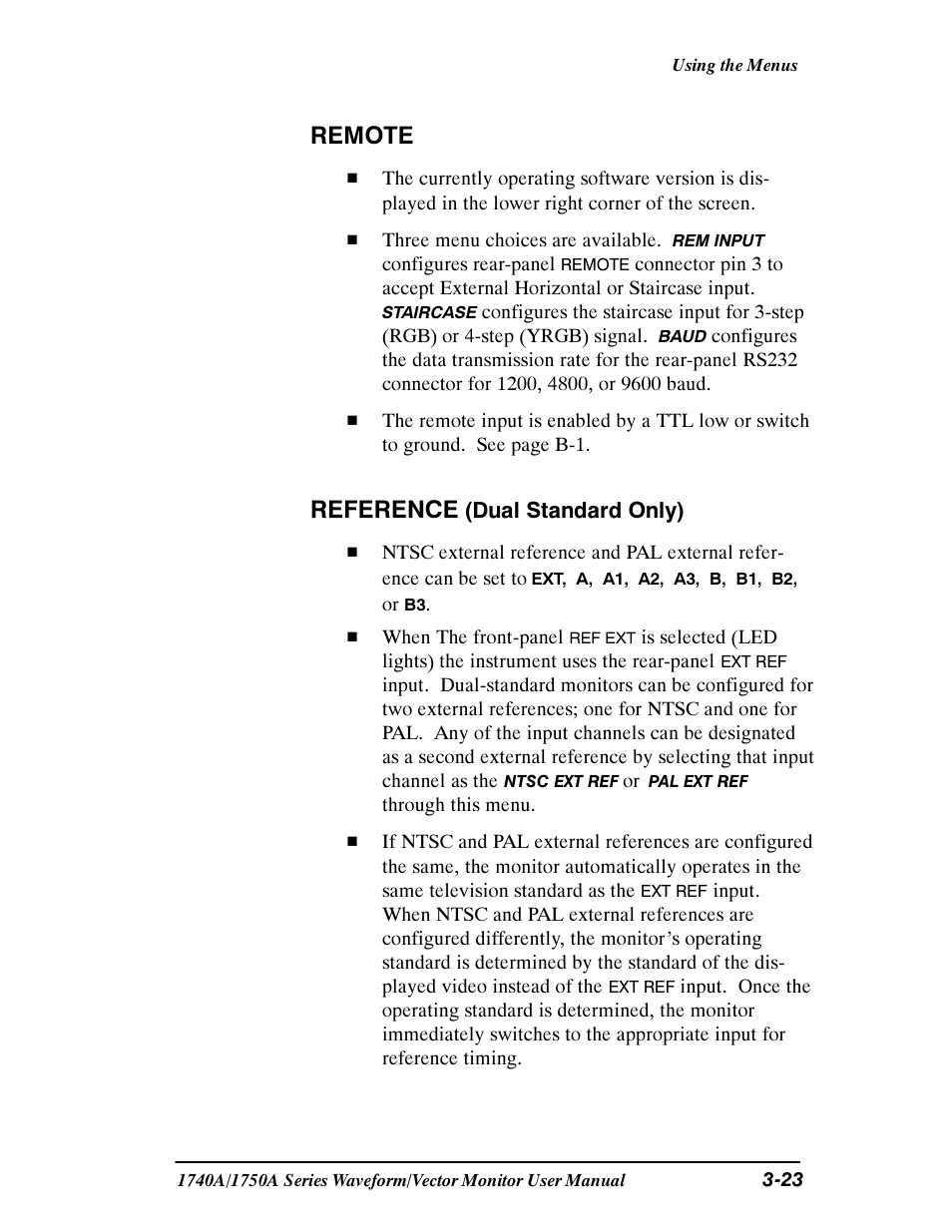 Remote, Reference | Tektronix 1740A/1750A User Manual | Page 78 / 143