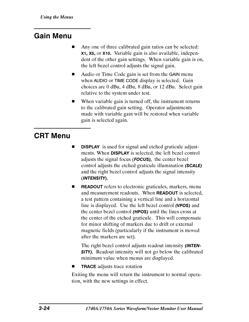 Gain menu, Crt menu | Tektronix 1740A/1750A User Manual | Page 79 / 143