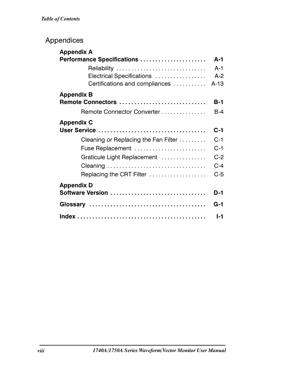 Appendices | Tektronix 1740A/1750A User Manual | Page 8 / 143