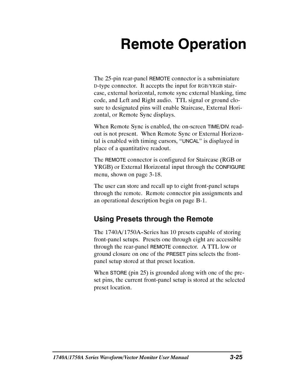 Remote operation, Using presets through the remote | Tektronix 1740A/1750A User Manual | Page 80 / 143