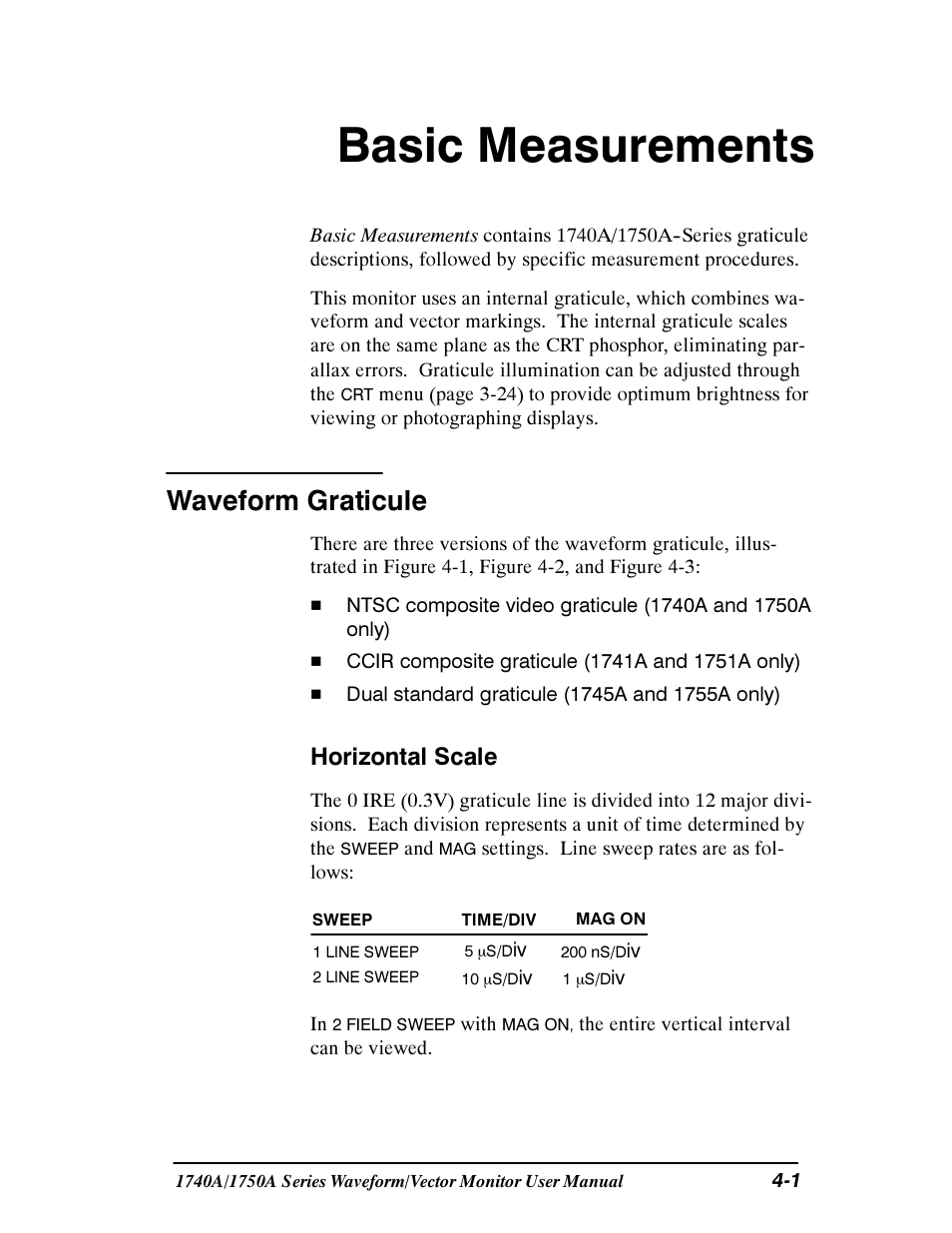 Basic measurements, Waveform graticule, Horizontal scale | Tektronix 1740A/1750A User Manual | Page 82 / 143