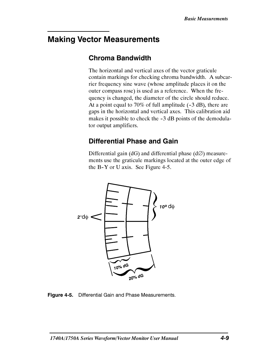 Making vector measurements, Chroma bandwidth, Differential phase and gain | Tektronix 1740A/1750A User Manual | Page 90 / 143