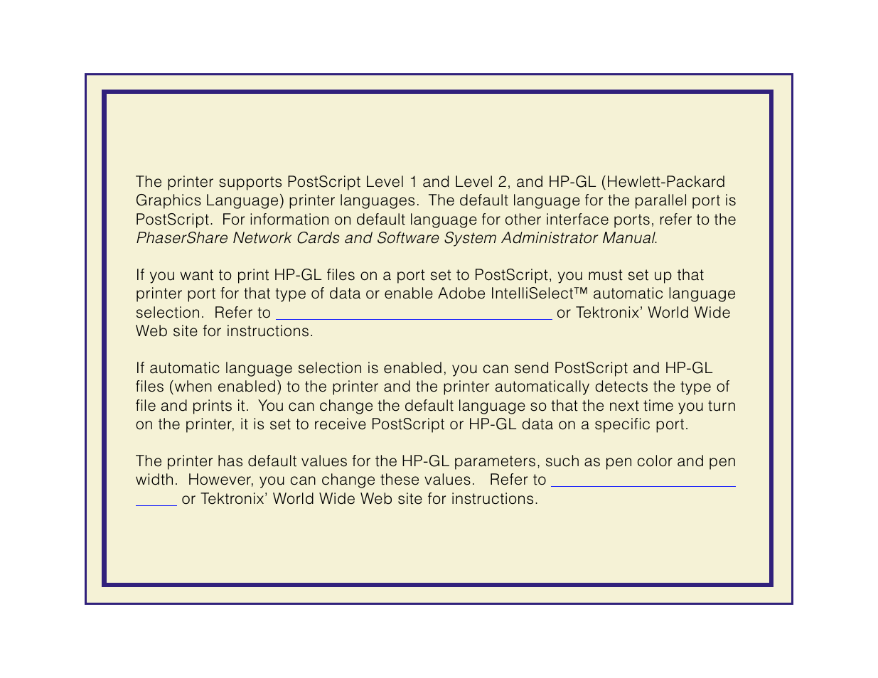 Printer languages: postscript, hp-gl | Tektronix Phaser 600 User Manual | Page 197 / 798