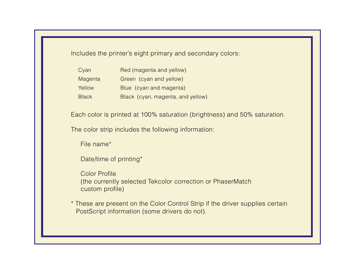 The color strip includes the following information, File name, Date/time of printing | Tektronix Phaser 600 User Manual | Page 255 / 798