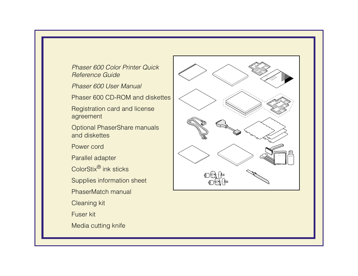 Accessories box contents, Phaser 600 color printer quick reference guide, Phaser 600 user manual | Tektronix Phaser 600 User Manual | Page 28 / 798