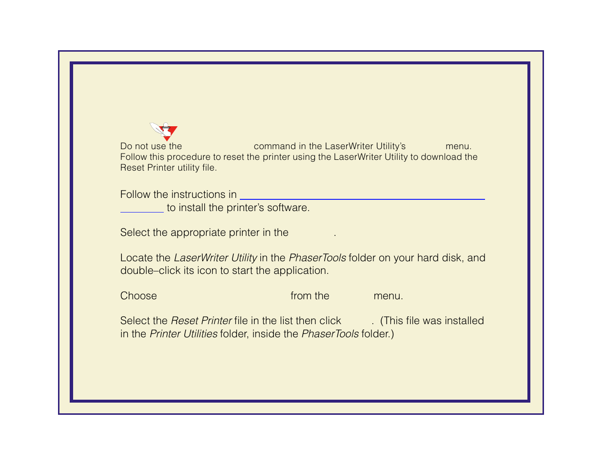 Resetting the printer from a macintosh | Tektronix Phaser 600 User Manual | Page 464 / 798