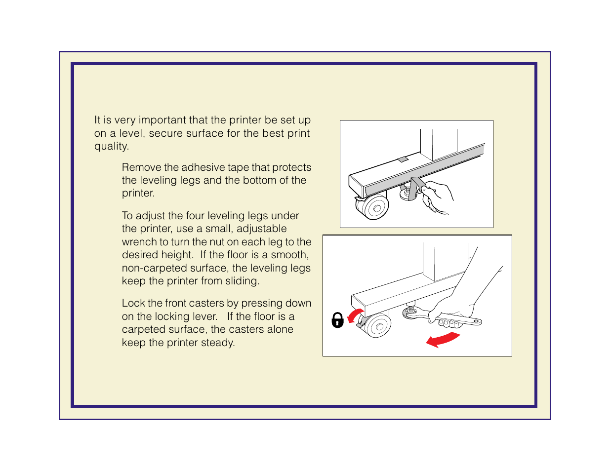 Adjust the leveling legs and lock the wheels | Tektronix Phaser 600 User Manual | Page 48 / 798