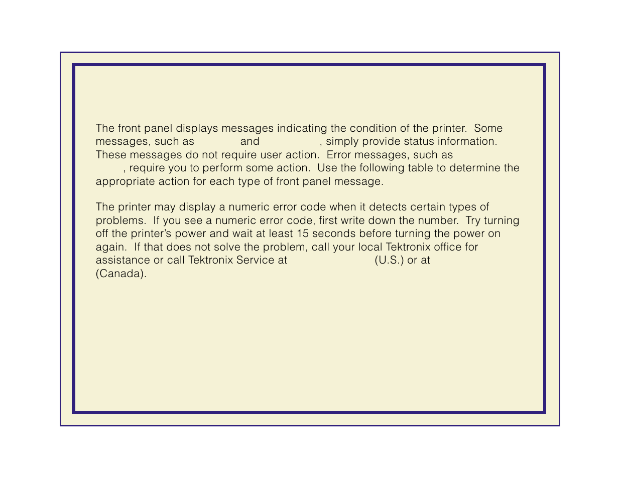 Front panel messages | Tektronix Phaser 600 User Manual | Page 609 / 798