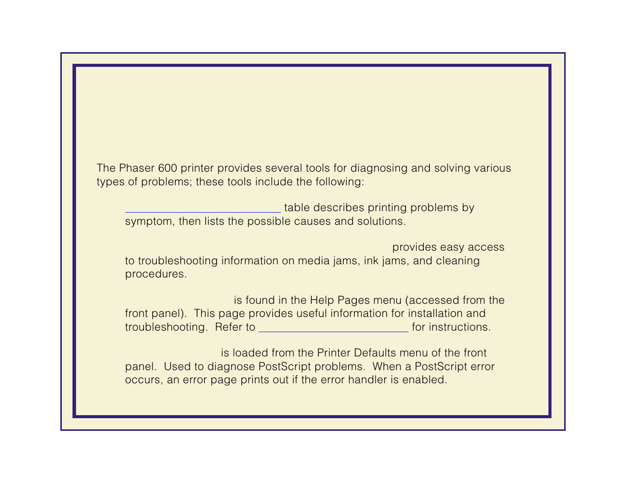 Symptoms and solutions, Diagnostic tools | Tektronix Phaser 600 User Manual | Page 613 / 798