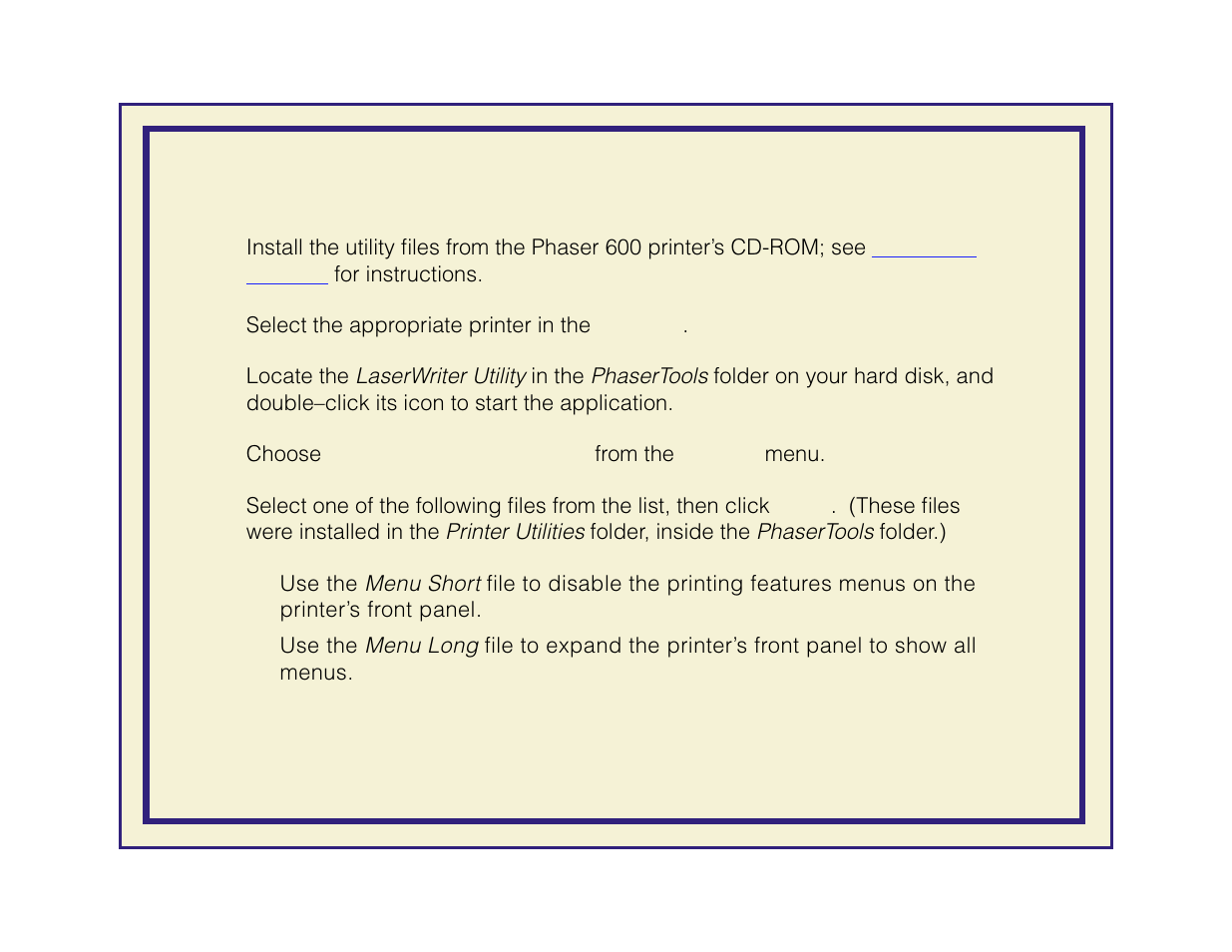 Macintosh utility file: menu short /menu long | Tektronix Phaser 600 User Manual | Page 739 / 798