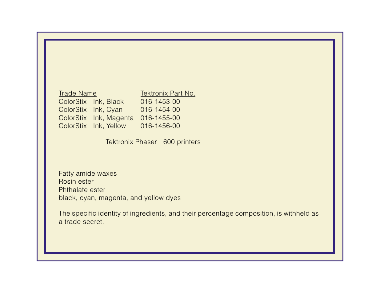 Msds for ink | Tektronix Phaser 600 User Manual | Page 770 / 798