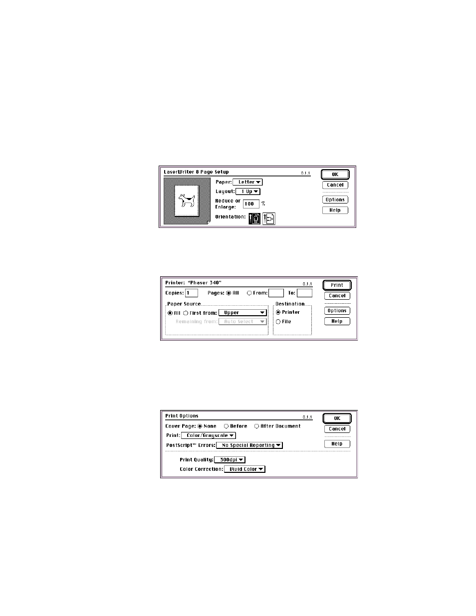 Click ok in two dialog boxes and close the cho, Open the print dialog box and select the paper, In the print dialog box, click the options but | Tektronix LaserWriter printer driver 8.x User Manual | Page 4 / 4