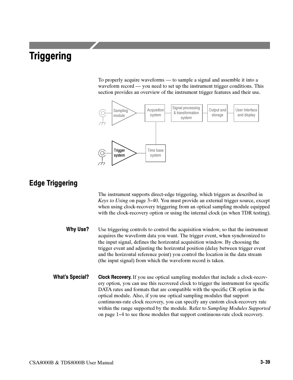 Triggering, Edge triggering | Tektronix CSA8000B User Manual | Page 113 / 354