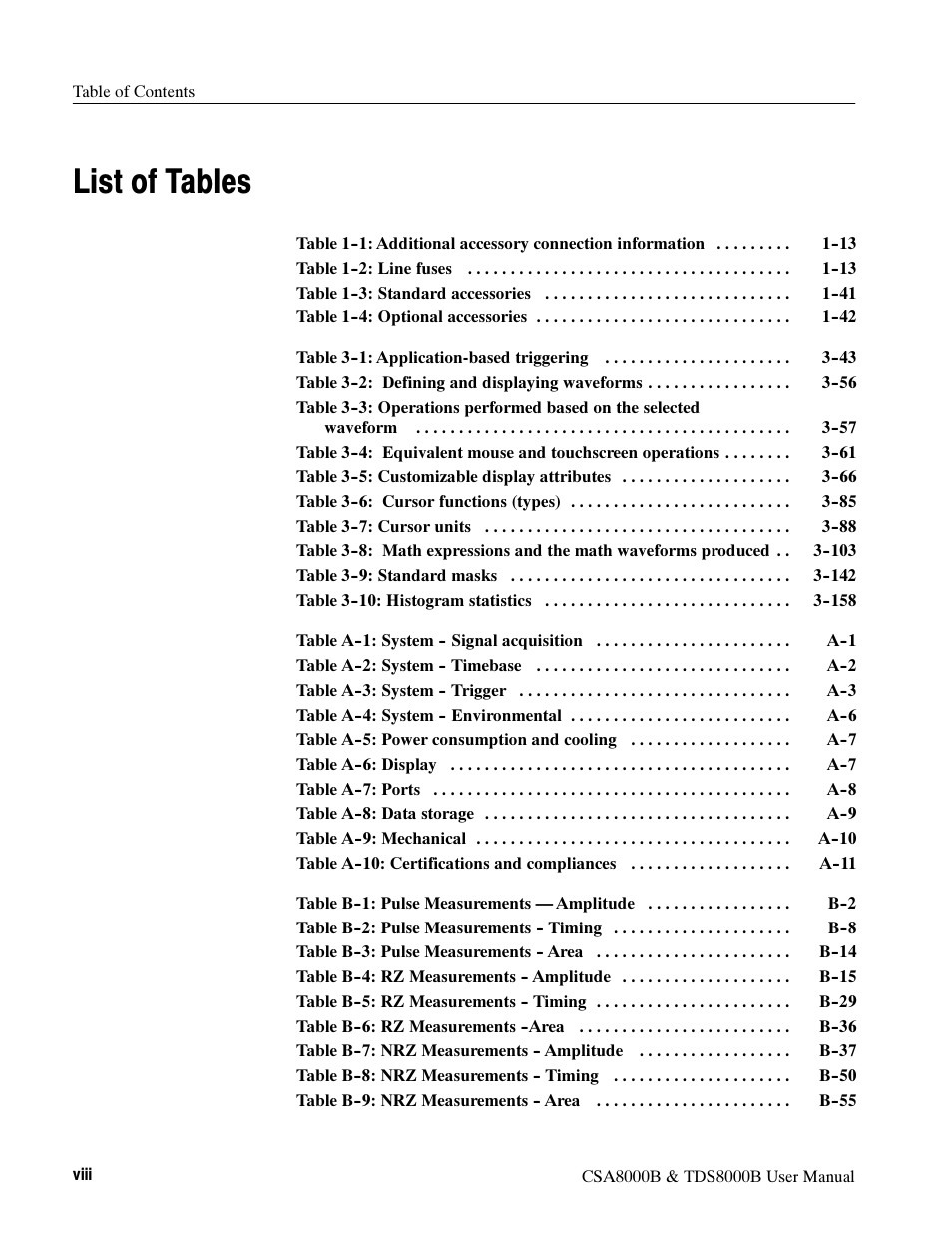 List of tables | Tektronix CSA8000B User Manual | Page 12 / 354