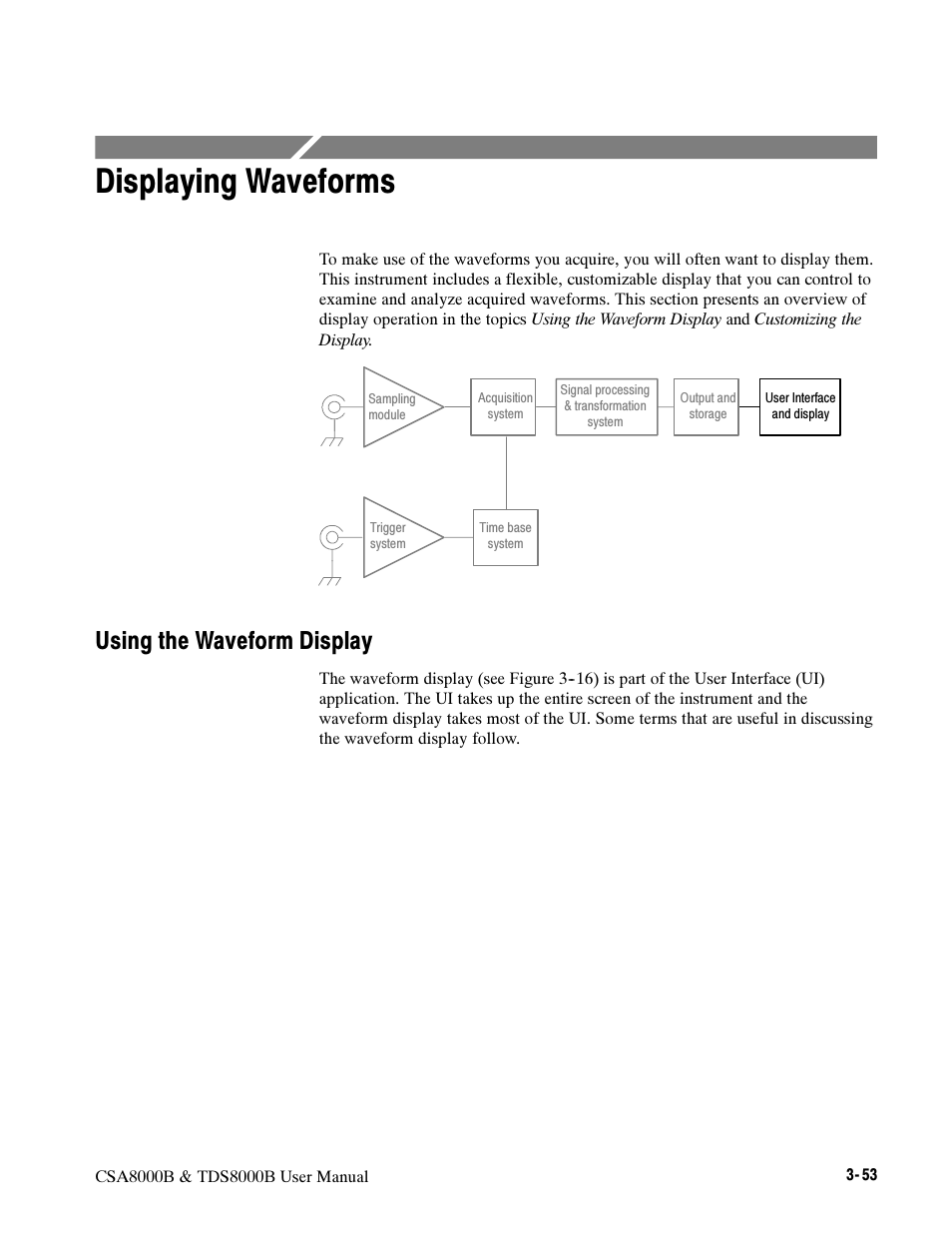 Displaying waveforms, Using the waveform display | Tektronix CSA8000B User Manual | Page 127 / 354