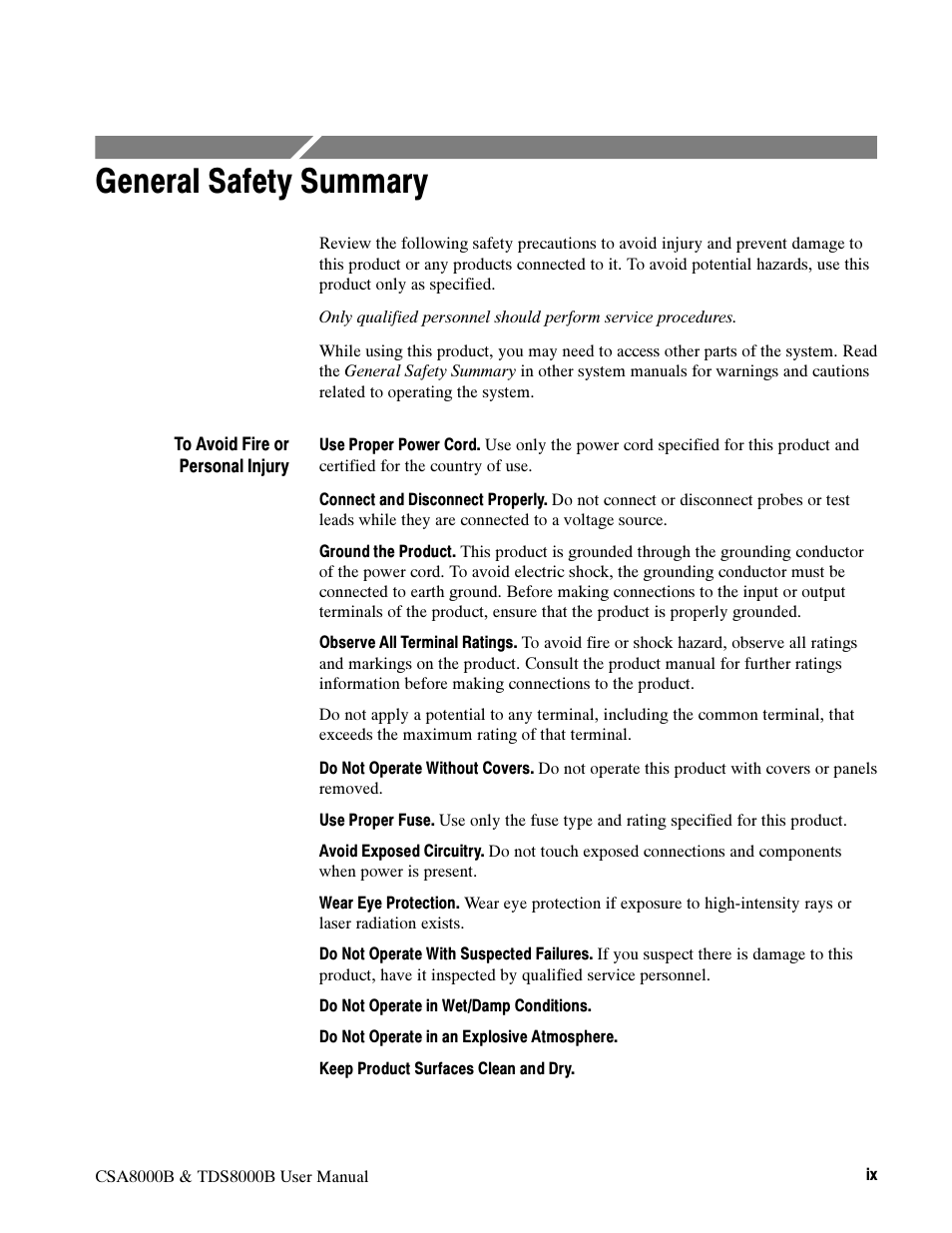 General safety summary | Tektronix CSA8000B User Manual | Page 13 / 354