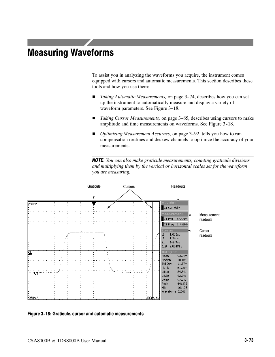 Measuring waveforms | Tektronix CSA8000B User Manual | Page 147 / 354