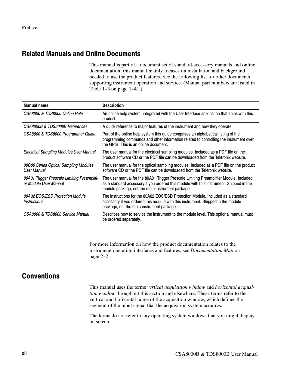 Related manuals and online documents, Conventions | Tektronix CSA8000B User Manual | Page 16 / 354