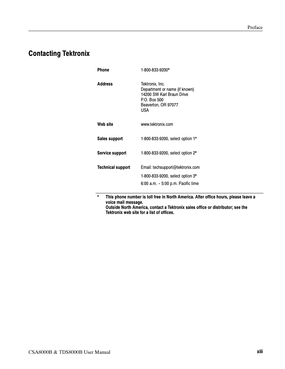 Contacting tektronix | Tektronix CSA8000B User Manual | Page 17 / 354