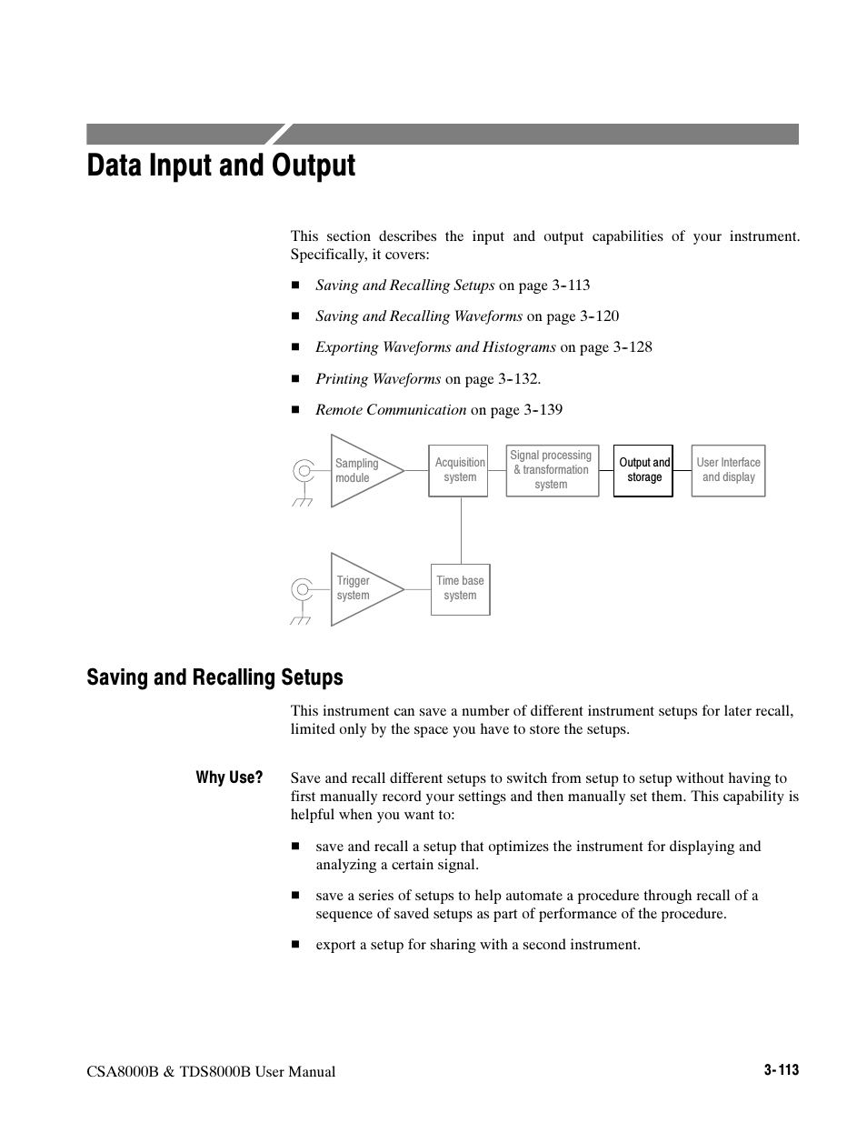 Data input and output, Saving and recalling setups | Tektronix CSA8000B User Manual | Page 187 / 354