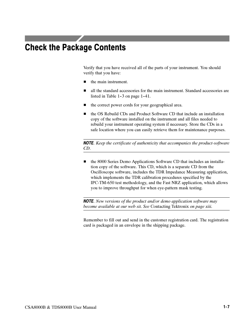 Check the package contents | Tektronix CSA8000B User Manual | Page 25 / 354