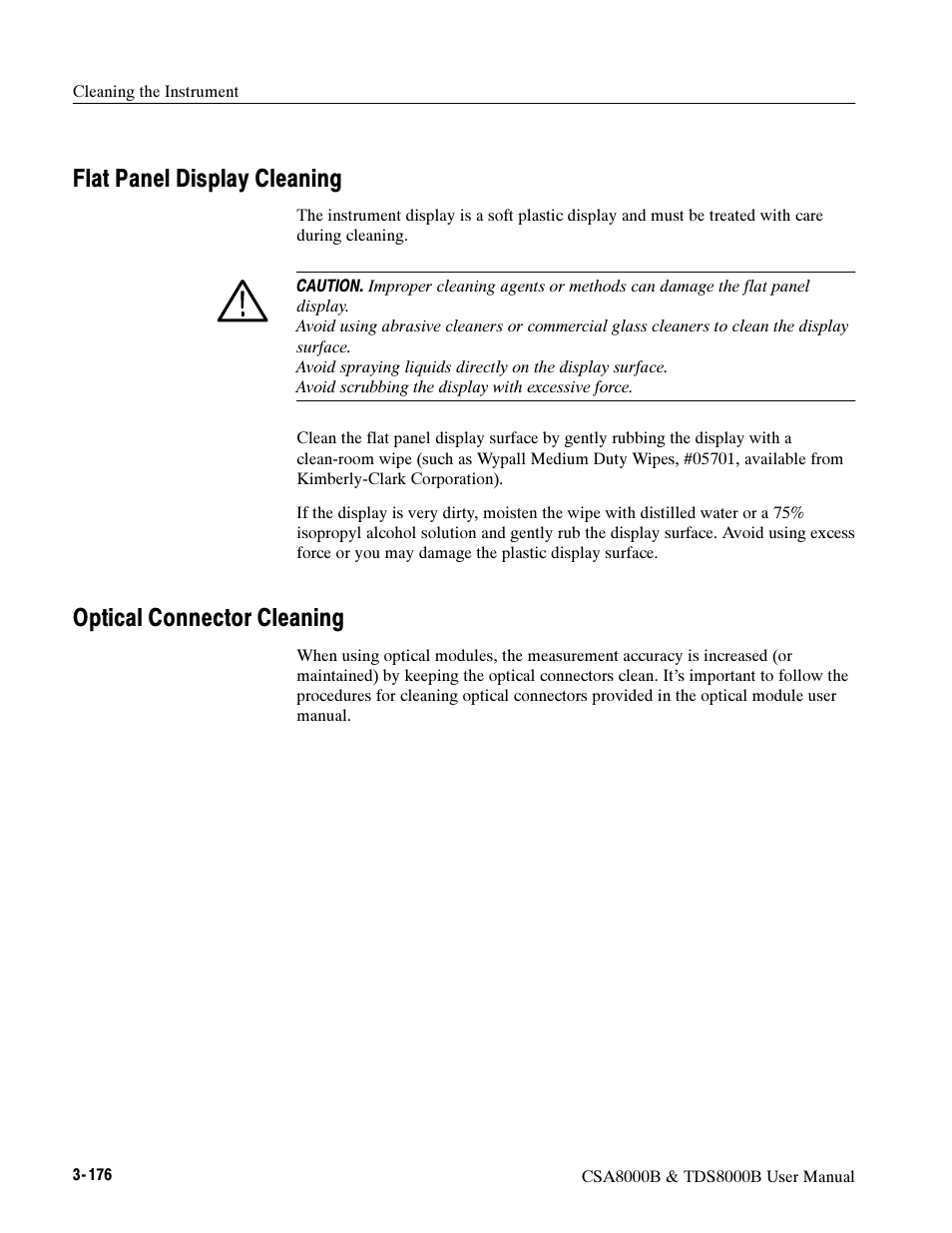 Flat panel display cleaning, Optical connector cleaning | Tektronix CSA8000B User Manual | Page 250 / 354