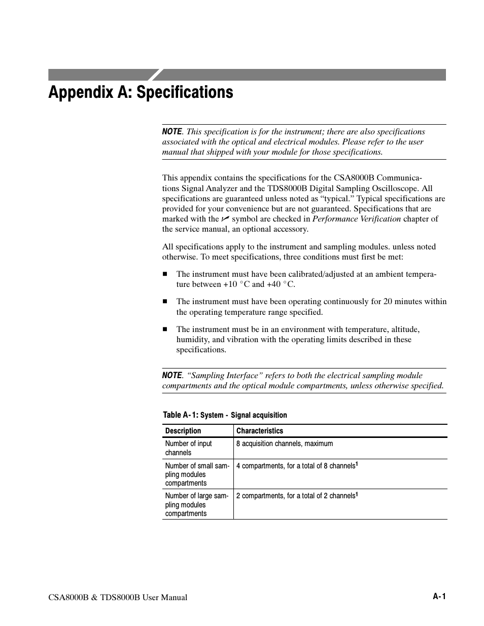 Appendix a: specifications | Tektronix CSA8000B User Manual | Page 251 / 354