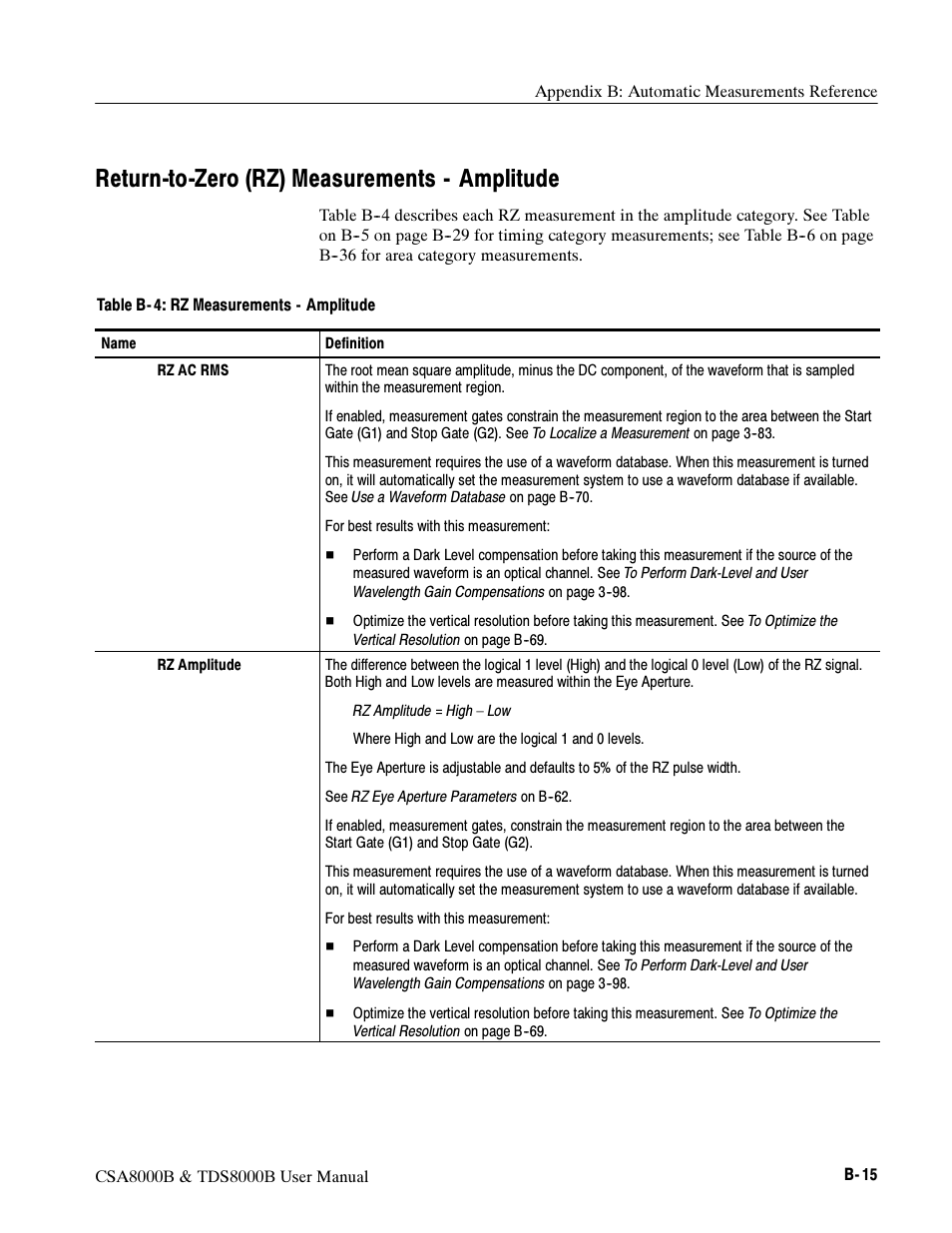 Return-to-zero (rz) measurements - amplitude | Tektronix CSA8000B User Manual | Page 277 / 354