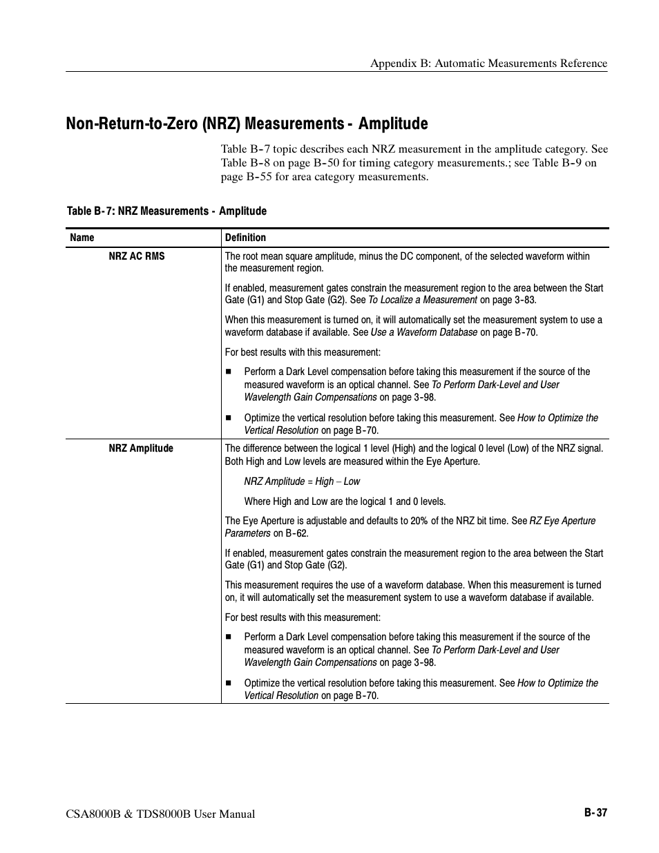 Non-return-to-zero (nrz) measurements - amplitude | Tektronix CSA8000B User Manual | Page 299 / 354