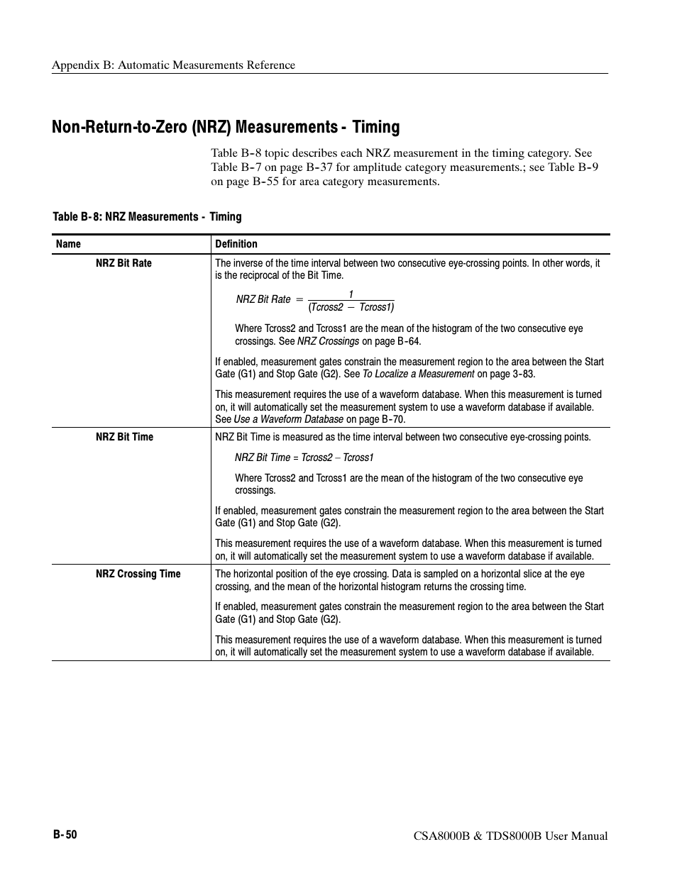 Non-return-to-zero (nrz) measurements - timing | Tektronix CSA8000B User Manual | Page 312 / 354