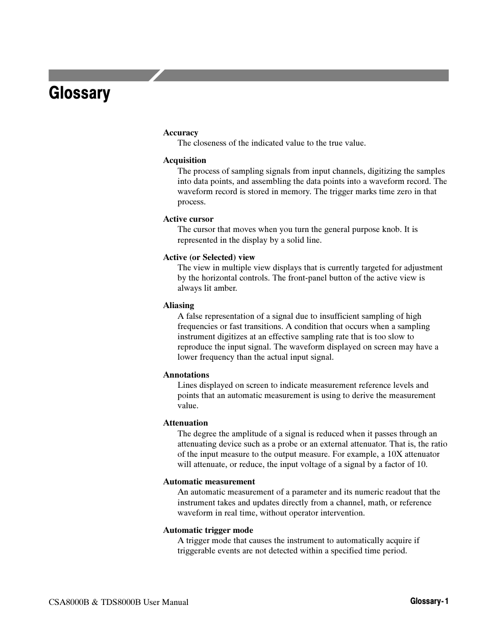 Glossary | Tektronix CSA8000B User Manual | Page 333 / 354