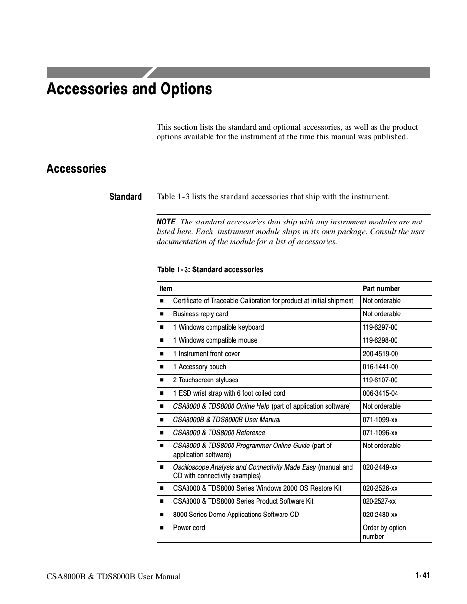 Accessories and options, Accessories | Tektronix CSA8000B User Manual | Page 59 / 354