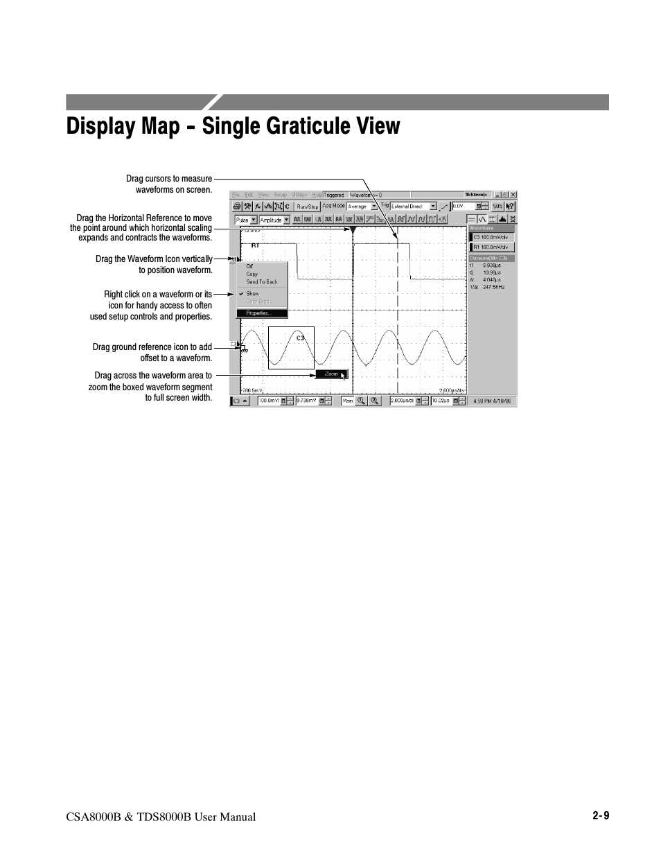 Display map – single graticule view, Display map -- single graticule view | Tektronix CSA8000B User Manual | Page 71 / 354