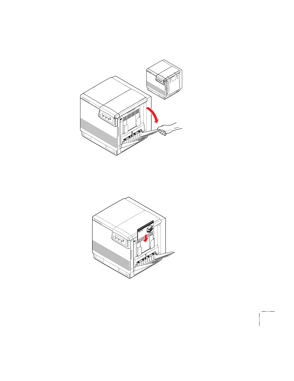 Setting up the output tray, Insert the quick reference guide, Quick reference guide | Insert the | Tektronix 560 User Manual | Page 29 / 259