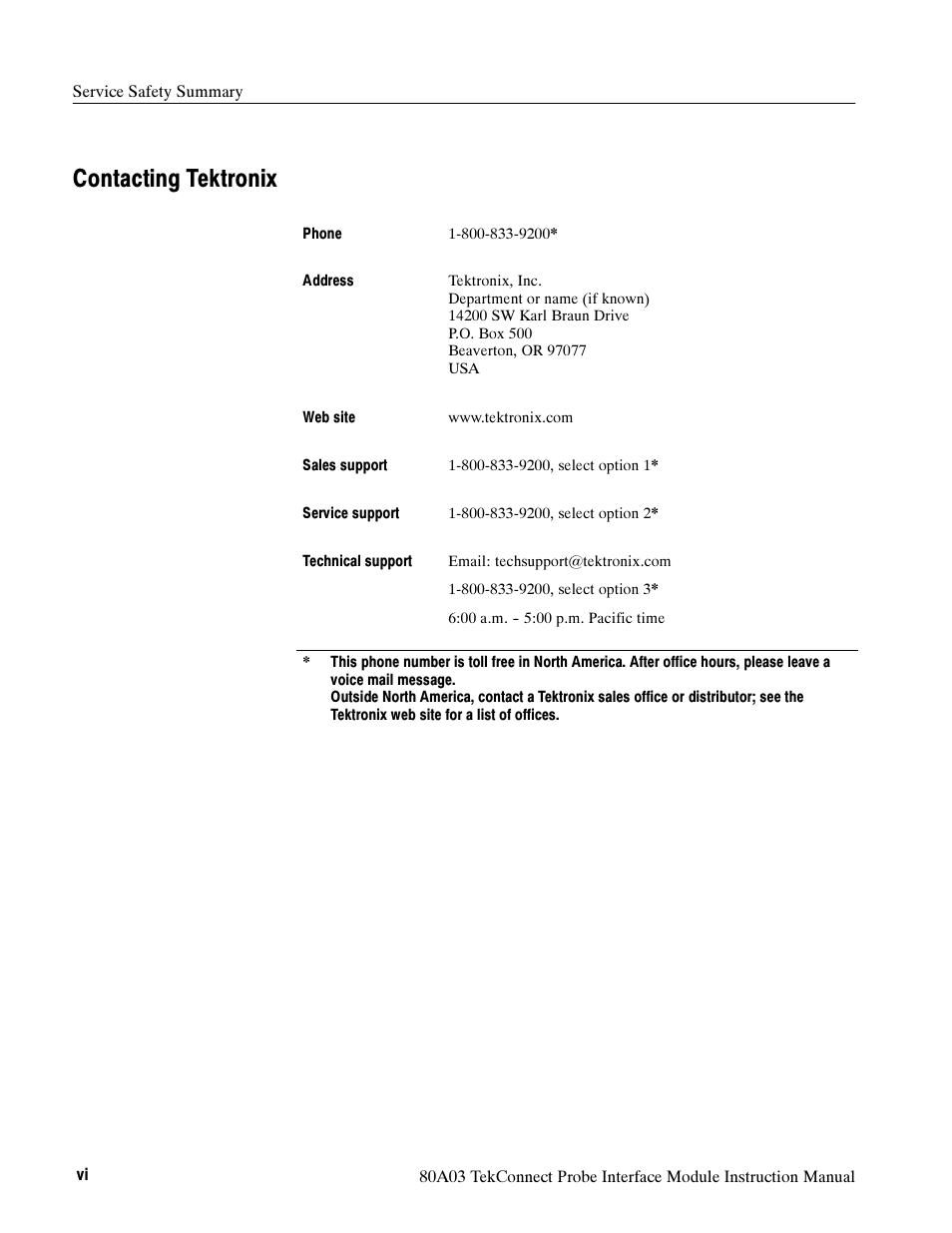 Contacting tektronix | Tektronix TekConnect Probe Interface Module 80A03 User Manual | Page 10 / 42