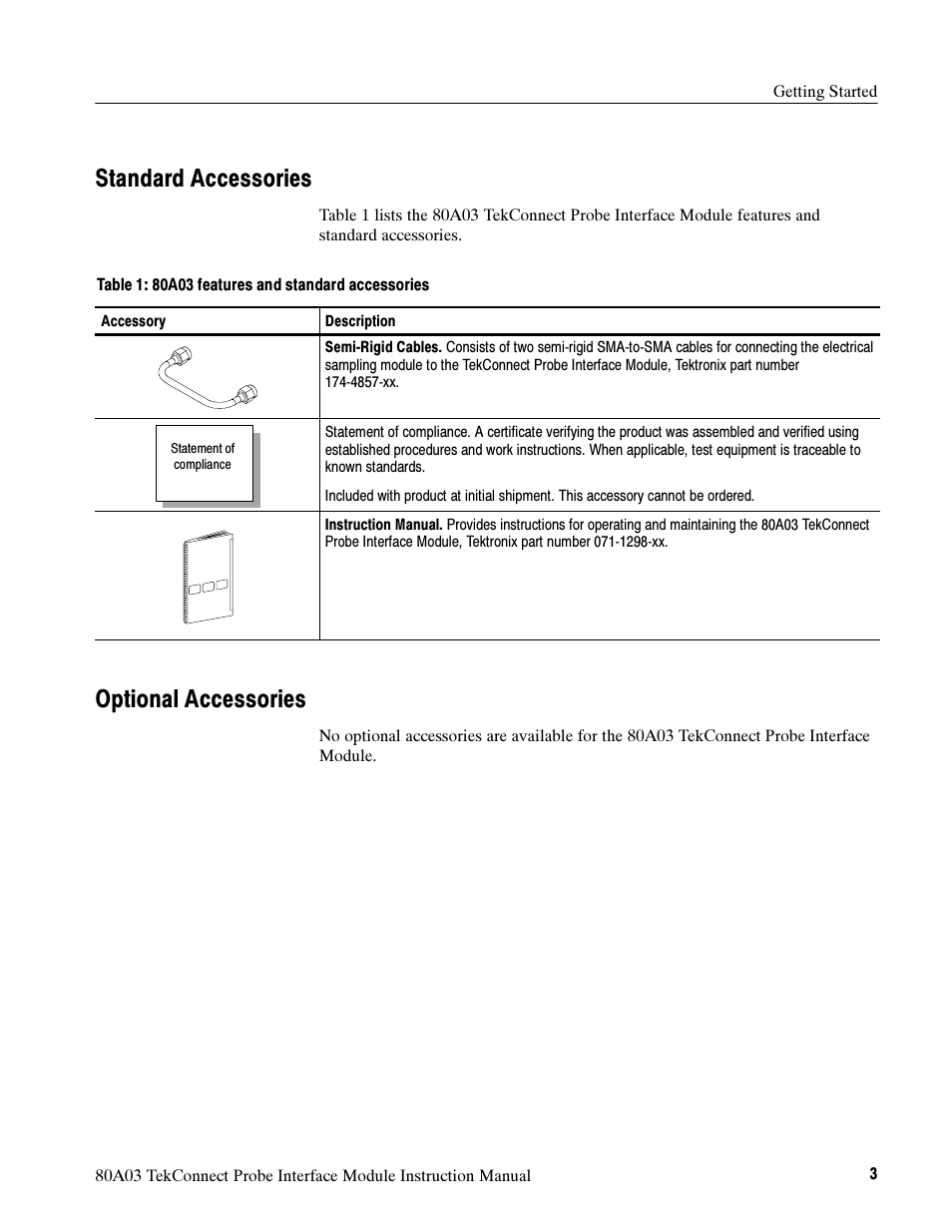 Standard accessories, Optional accessories | Tektronix TekConnect Probe Interface Module 80A03 User Manual | Page 13 / 42