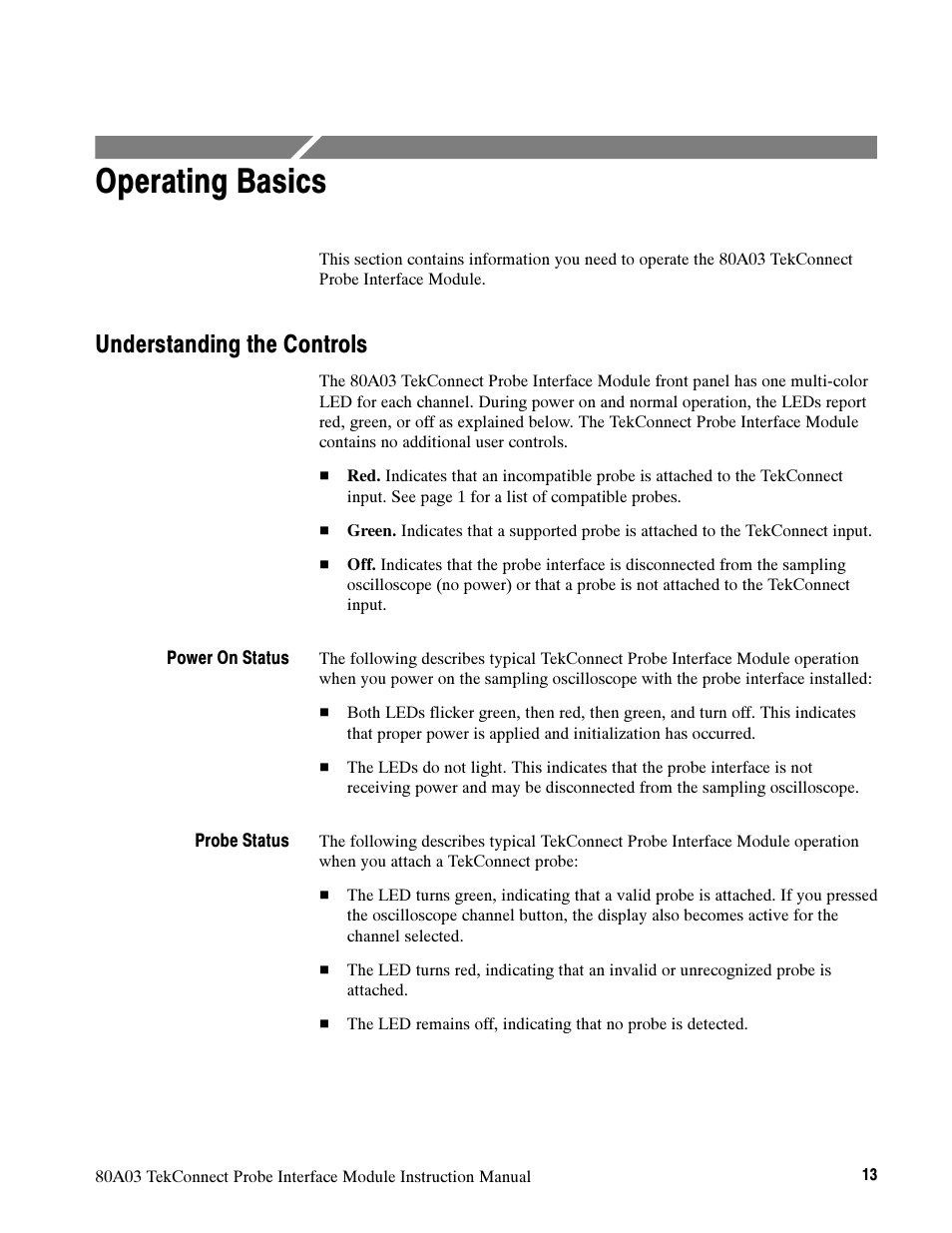 Operating basics, Understanding the controls | Tektronix TekConnect Probe Interface Module 80A03 User Manual | Page 23 / 42