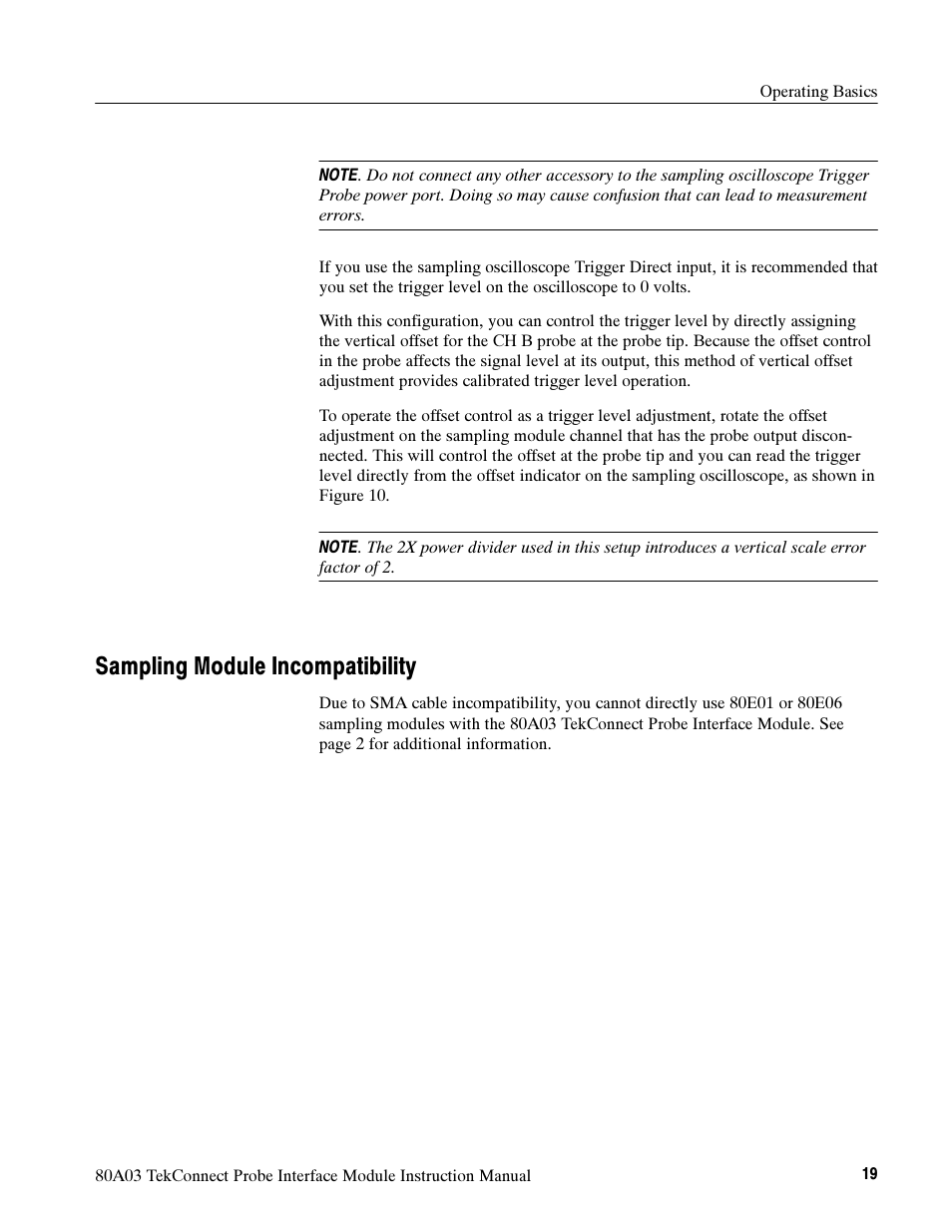 Sampling module incompatibility | Tektronix TekConnect Probe Interface Module 80A03 User Manual | Page 29 / 42