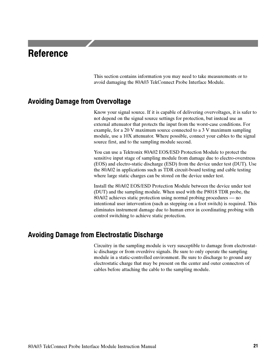 Reference, Avoiding damage from overvoltage, Avoiding damage from electrostatic discharge | Tektronix TekConnect Probe Interface Module 80A03 User Manual | Page 31 / 42