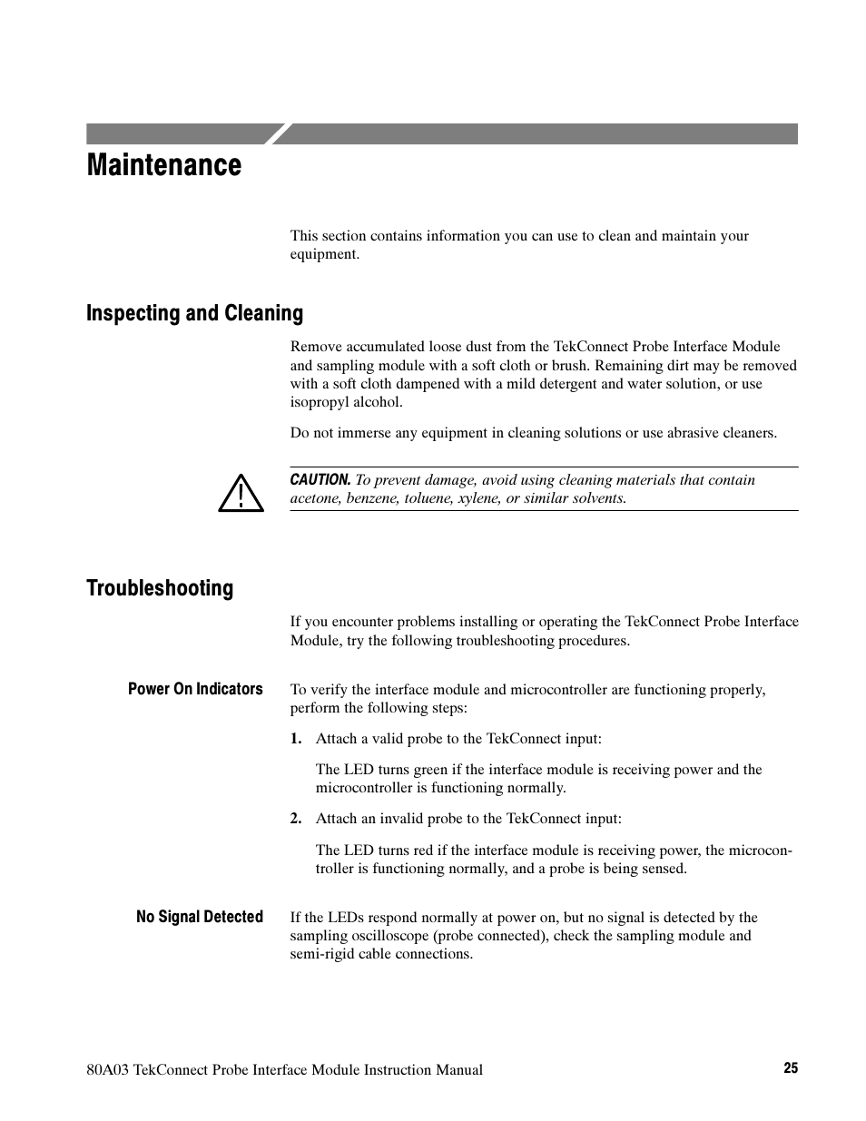 Maintenance, Inspecting and cleaning, Troubleshooting | Tektronix TekConnect Probe Interface Module 80A03 User Manual | Page 35 / 42