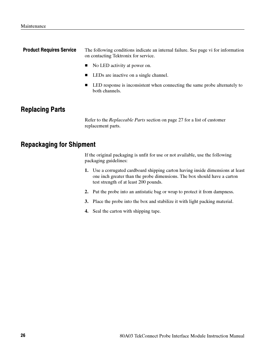 Replacing parts, Repackaging for shipment | Tektronix TekConnect Probe Interface Module 80A03 User Manual | Page 36 / 42