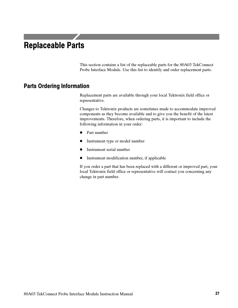 Replaceable parts, Parts ordering information | Tektronix TekConnect Probe Interface Module 80A03 User Manual | Page 37 / 42