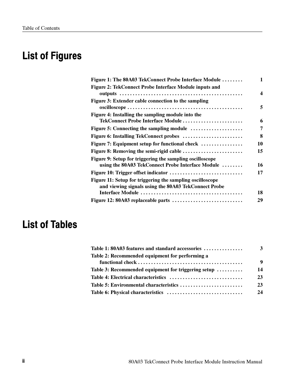 List of figures, List of tables | Tektronix TekConnect Probe Interface Module 80A03 User Manual | Page 6 / 42