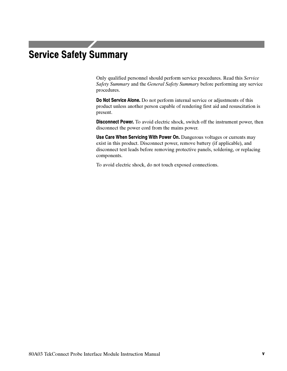Service safety summary | Tektronix TekConnect Probe Interface Module 80A03 User Manual | Page 9 / 42