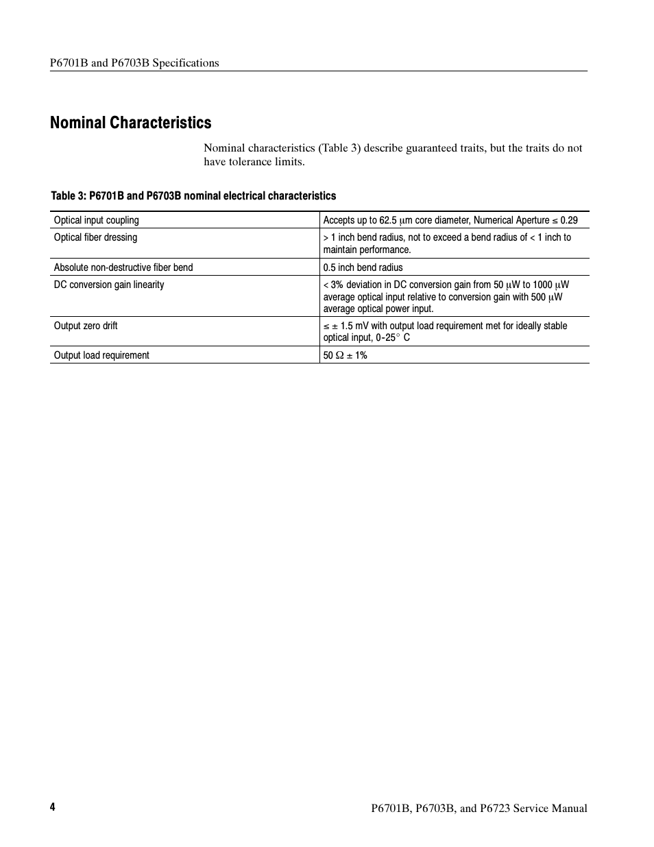 Nominal characteristics | Tektronix P6723 User Manual | Page 14 / 38