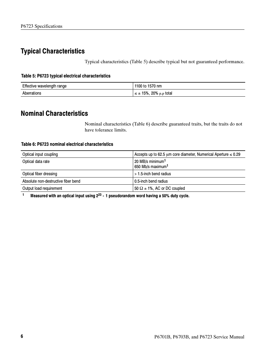 Typical characteristics, Nominal characteristics | Tektronix P6723 User Manual | Page 16 / 38