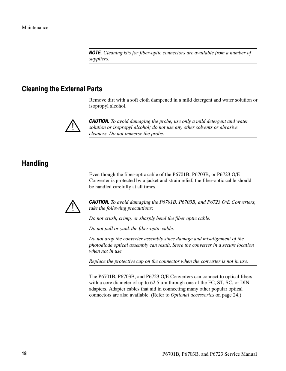 Cleaning the external parts, Handling | Tektronix P6723 User Manual | Page 28 / 38