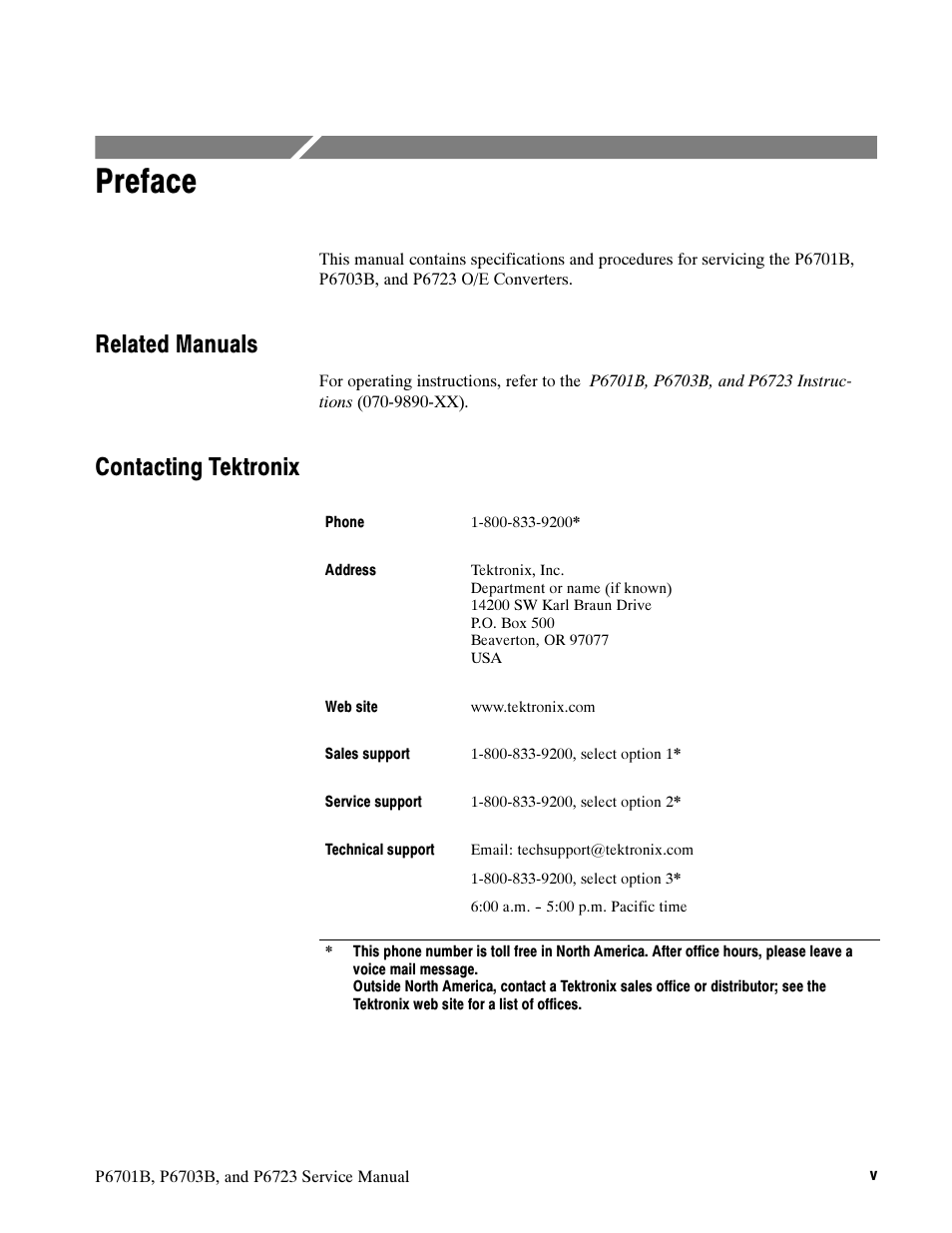 Preface, Related manuals, Contacting tektronix | Tektronix P6723 User Manual | Page 9 / 38