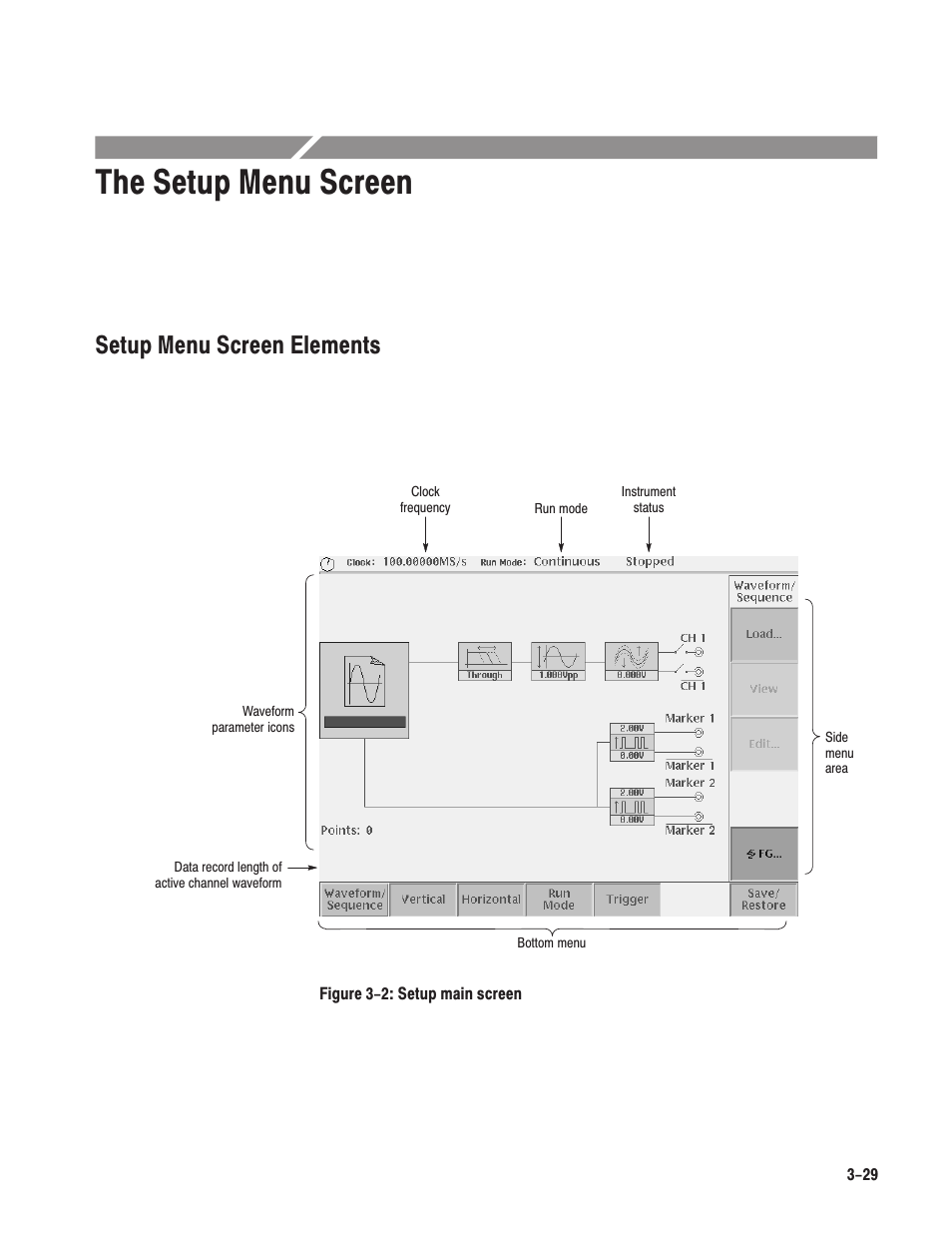 The setup menu screen, Setup menu screen elements | Tektronix AWG610 User Manual | Page 147 / 466